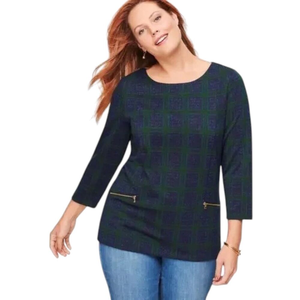 NWT Talbots Metallic Plaid Blouse Size 1X Navy Green Zip Pocket